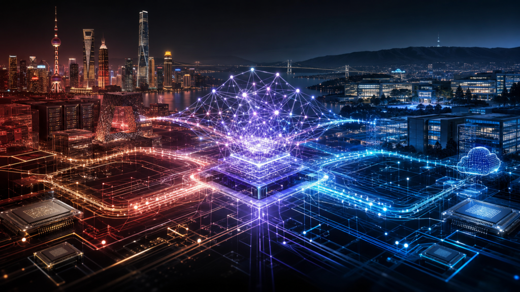China’s open-source AI ecosystem connecting with and challenging Silicon Valley through advanced chips, cloud infrastructure and neural networks.