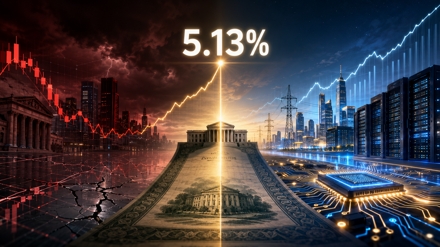 30-year Treasury yield at 5.13%, contrasting 2007 financial-crisis risk with an AI-powered new economic era.