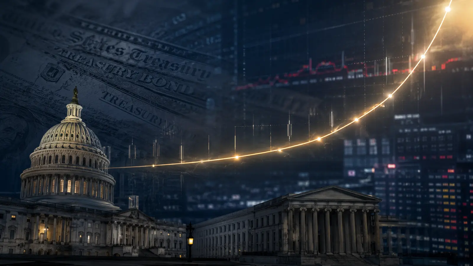 U.S. Capitol and Treasury bond market with a steepening long-term yield curve illustrating Ray Dalio’s debt warning