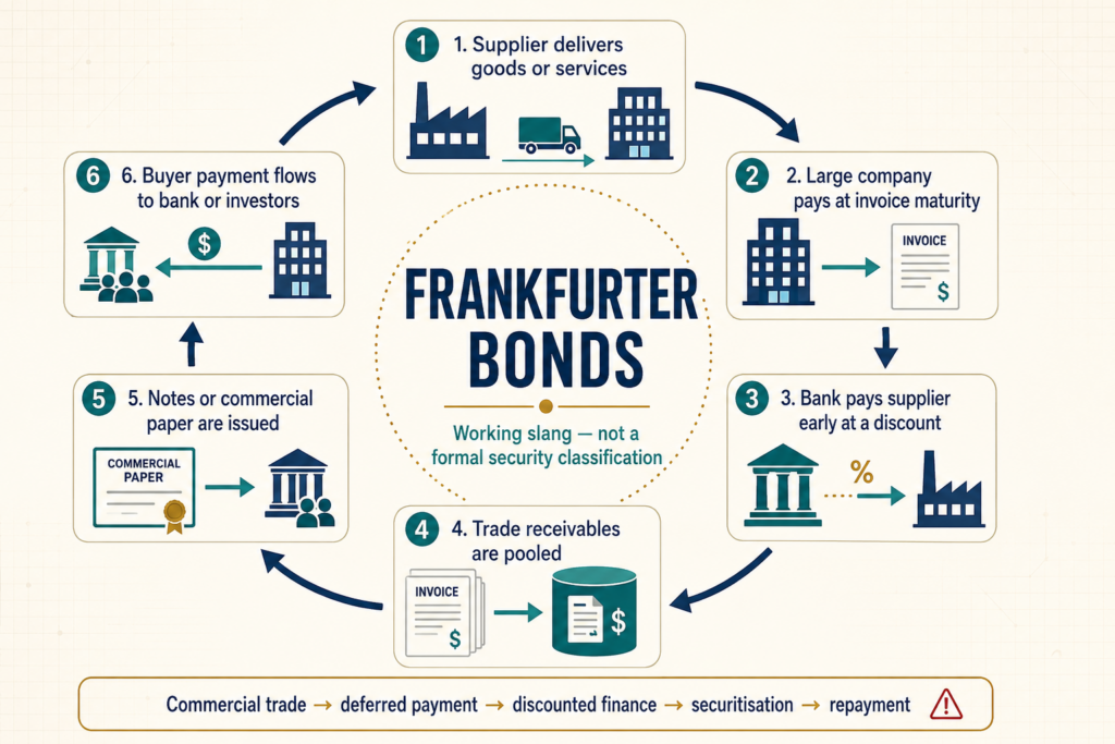 The “Frankfurter Bonds” cycle: commercial trade creates deferred receivables that may be discounted, pooled and financed before the purchaser pays at maturity