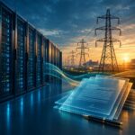 AI-generated conceptual illustration of data centre infrastructure and financial connections representing AI debt risk.