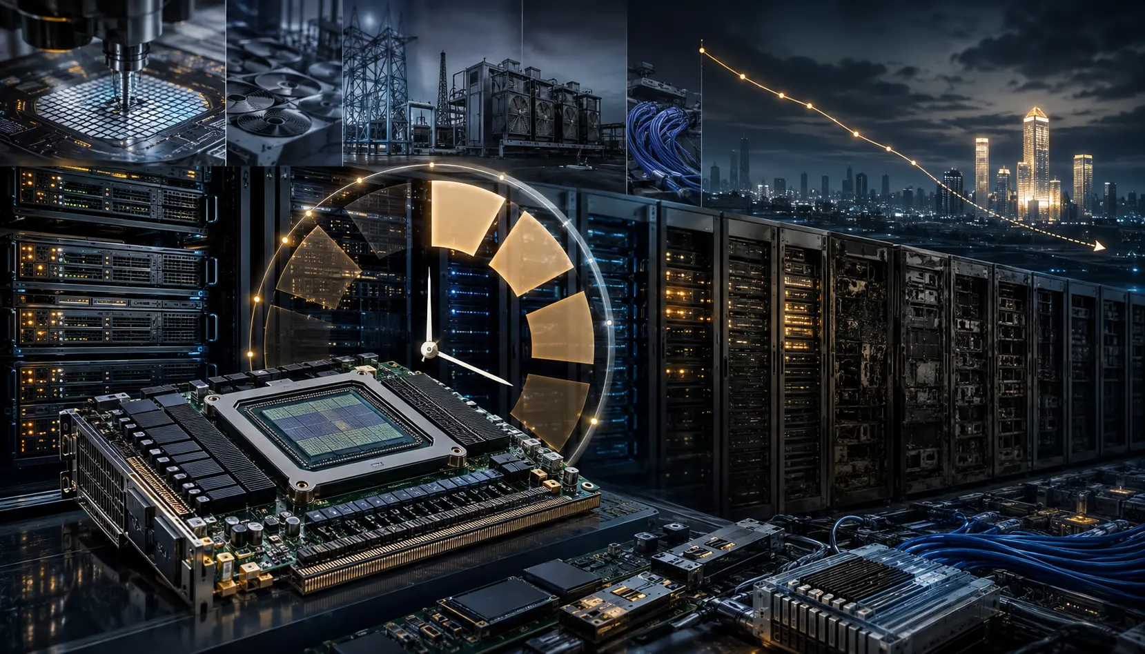 AI accelerator, data center servers and a six-year replacement clock illustrating depreciation and market consolidation