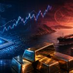 AI semiconductor chip beside volatile market charts, an oil tanker in a strategic shipping strait, shipping containers and gold bars, representing earnings, tariffs, oil risk and upcoming market catalysts.