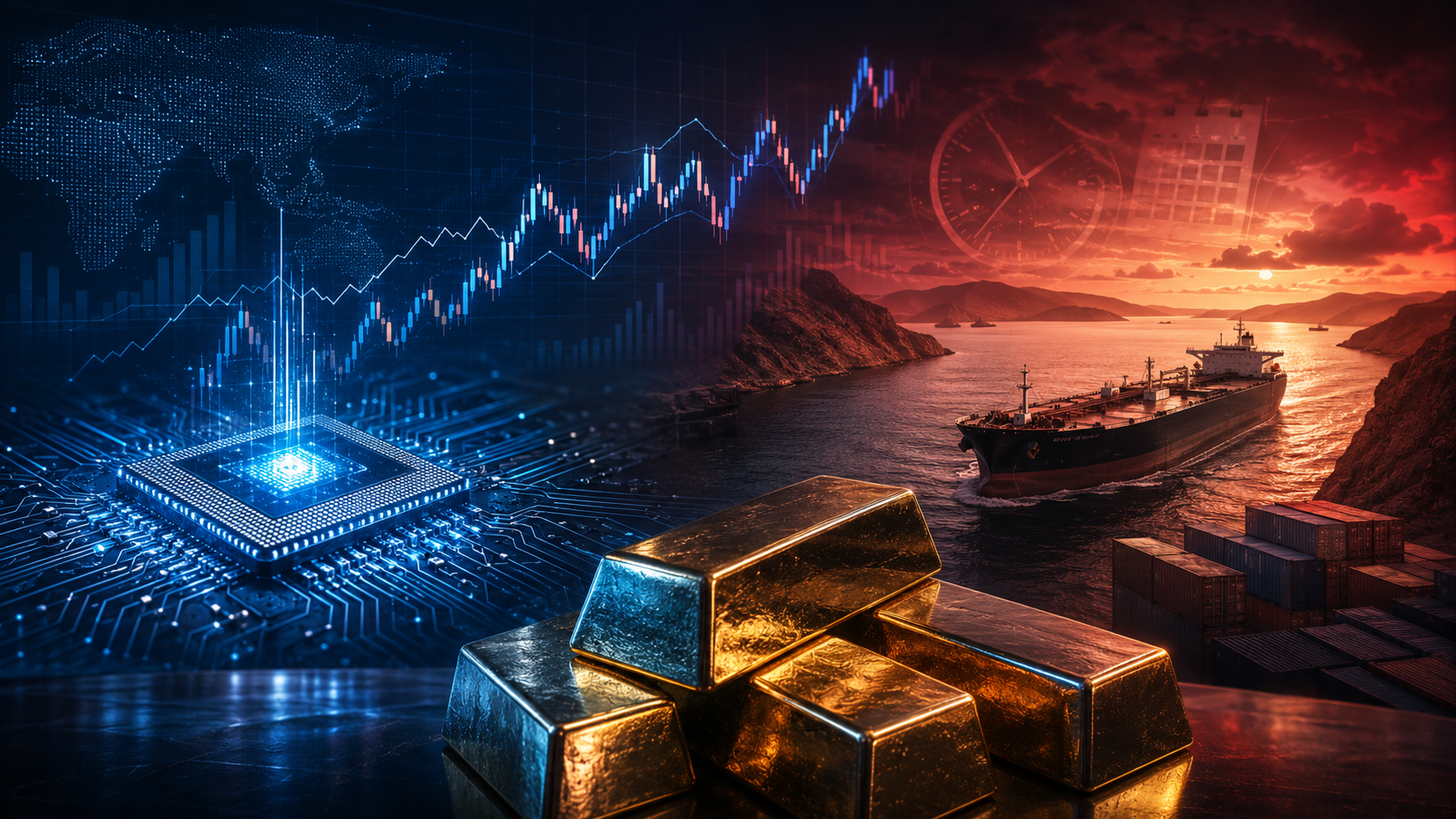 AI semiconductor chip beside volatile market charts, an oil tanker in a strategic shipping strait, shipping containers and gold bars, representing earnings, tariffs, oil risk and upcoming market catalysts.