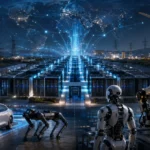 AI data center connected to machine learning, autonomous vehicles, a humanoid robot, robot dog, industrial robot, drone and unmanned aircraft