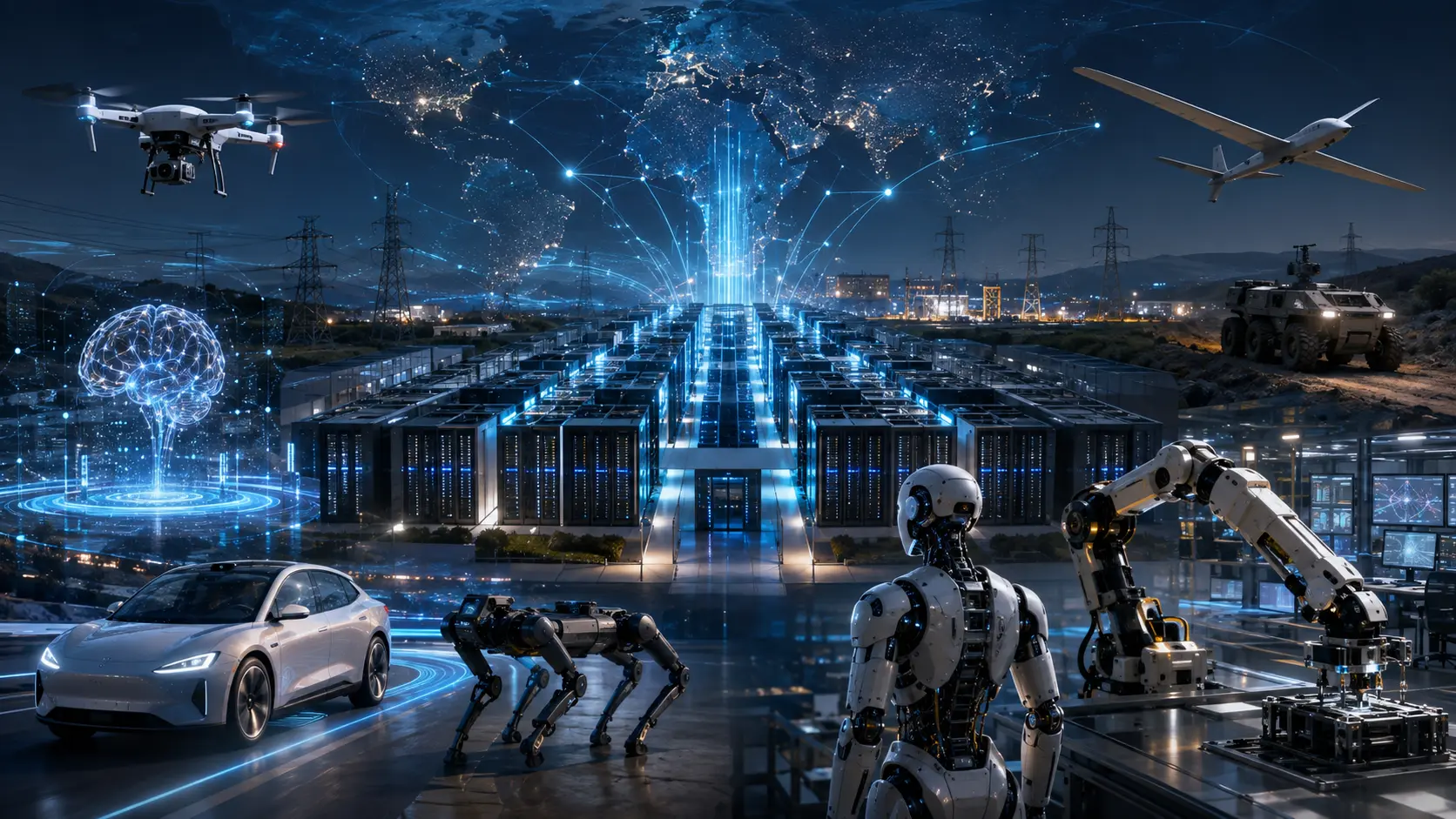AI data center connected to machine learning, autonomous vehicles, a humanoid robot, robot dog, industrial robot, drone and unmanned aircraft