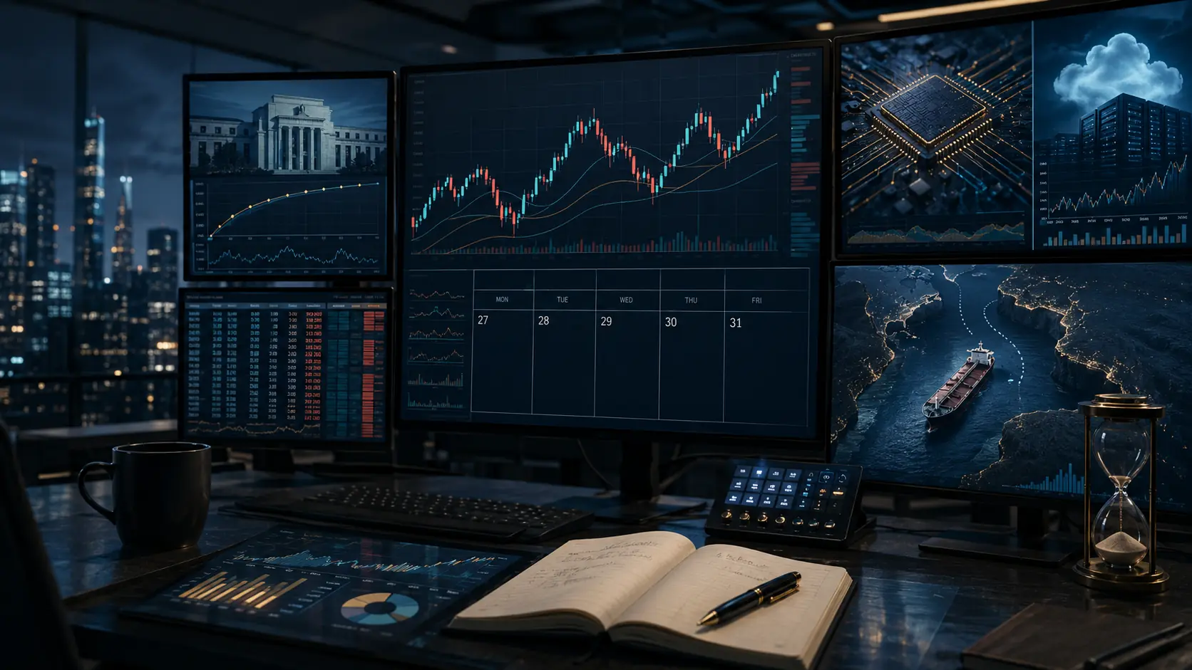 Trading screens showing the Fed calendar, Big Tech, market charts and an oil tanker for the July 27–31, 2026 trading week.