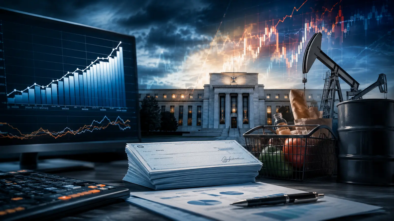 August 2026 jobs report showing rising payrolls, household consumption, oil pressure and the Federal Reserve