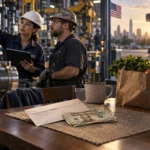 Factory workers beside a household budget scene with groceries, a pay envelope and a fuel station.