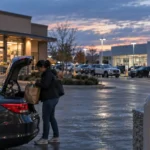 Shopper loading groceries beside a gasoline pump as fuel costs pressure U.S. retail spending