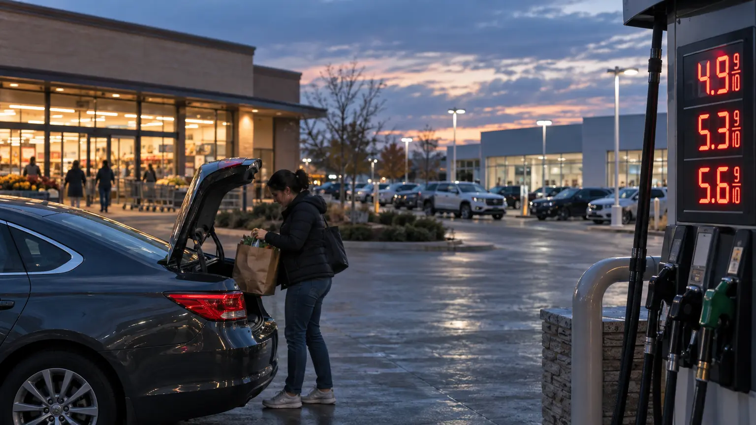 Shopper loading groceries beside a gasoline pump as fuel costs pressure U.S. retail spending