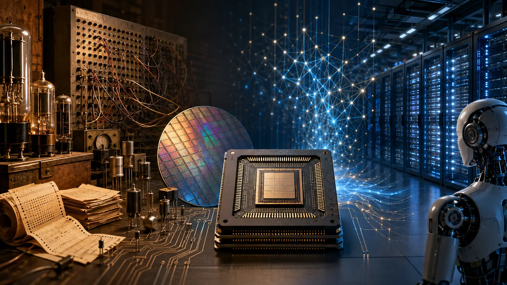 Evolution of artificial intelligence from vacuum-tube computers and early neural networks to silicon chips, data centers and robotics