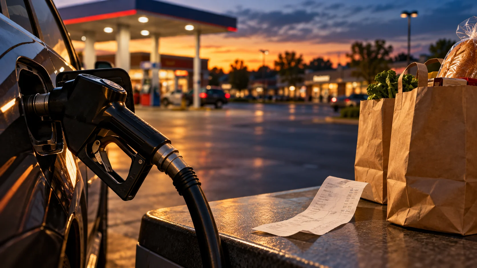 Conceptual illustration of gasoline costs competing with shopping and household spending.