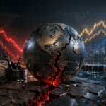 Cracked global financial system surrounded by falling and recovering market charts, Treasury debt, oil and AI technology.