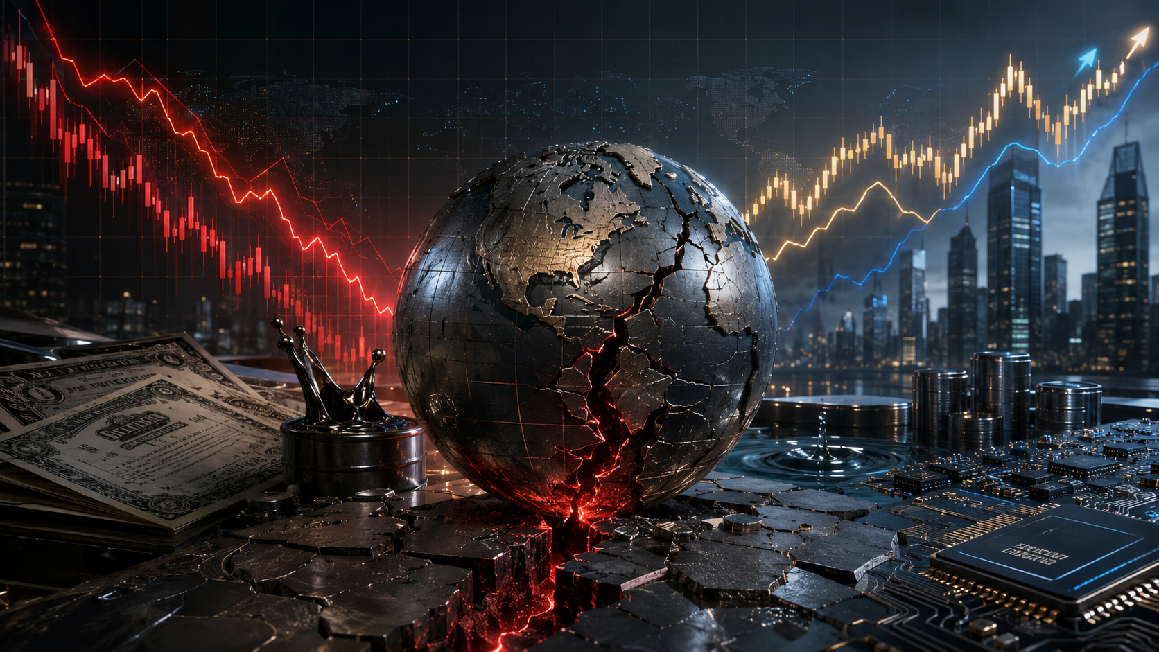 Cracked global financial system surrounded by falling and recovering market charts, Treasury debt, oil and AI technology.