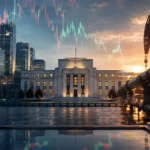 Federal Reserve building between financial-market charts and US oil infrastructure illustrating the conflict between weak employment and energy-driven inflation