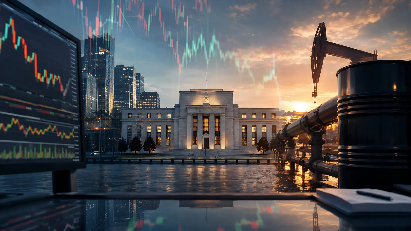 Federal Reserve building between financial-market charts and US oil infrastructure illustrating the conflict between weak employment and energy-driven inflation