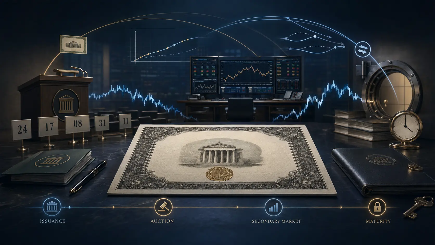 Bond lifecycle from issuance and auction through secondary-market trading, derivatives and maturity