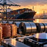 Container port with copper coils, steel rolls and semiconductor equipment illustrating imported production inputs.