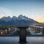 Jackson Hole podium overlooking the Grand Tetons, Main Street and AI data centers amid rising bond-market pressure