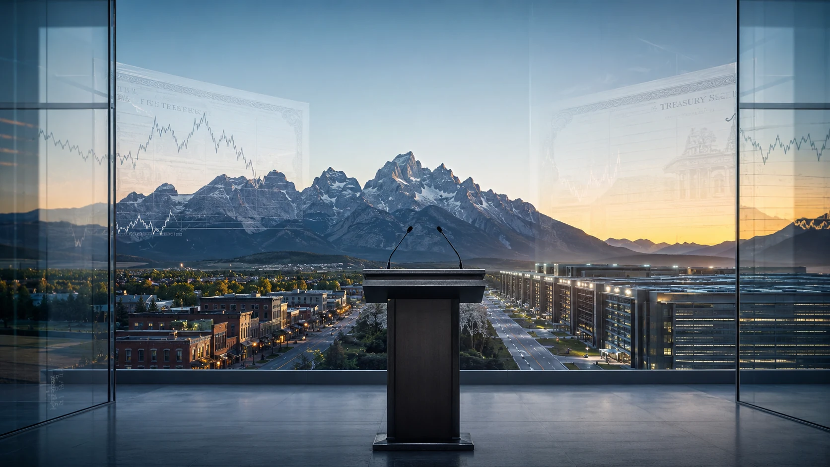 Jackson Hole podium overlooking the Grand Tetons, Main Street and AI data centers amid rising bond-market pressure