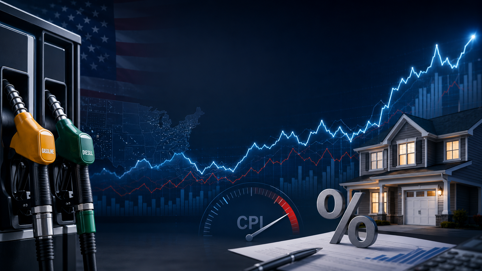 July 2026 U.S. inflation monitor showing gasoline and diesel pumps, a home, mortgage rates and CPI market charts