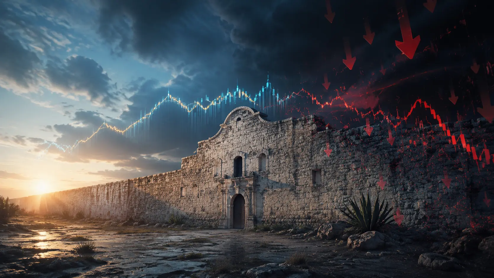 Alamo-style stone wall separating weakening employment charts from a resilient line of real wage purchasing power