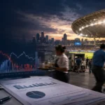 FIFA World Cup stadium activity beside US employment charts illustrating a possible temporary distortion in the July 2026 jobs report