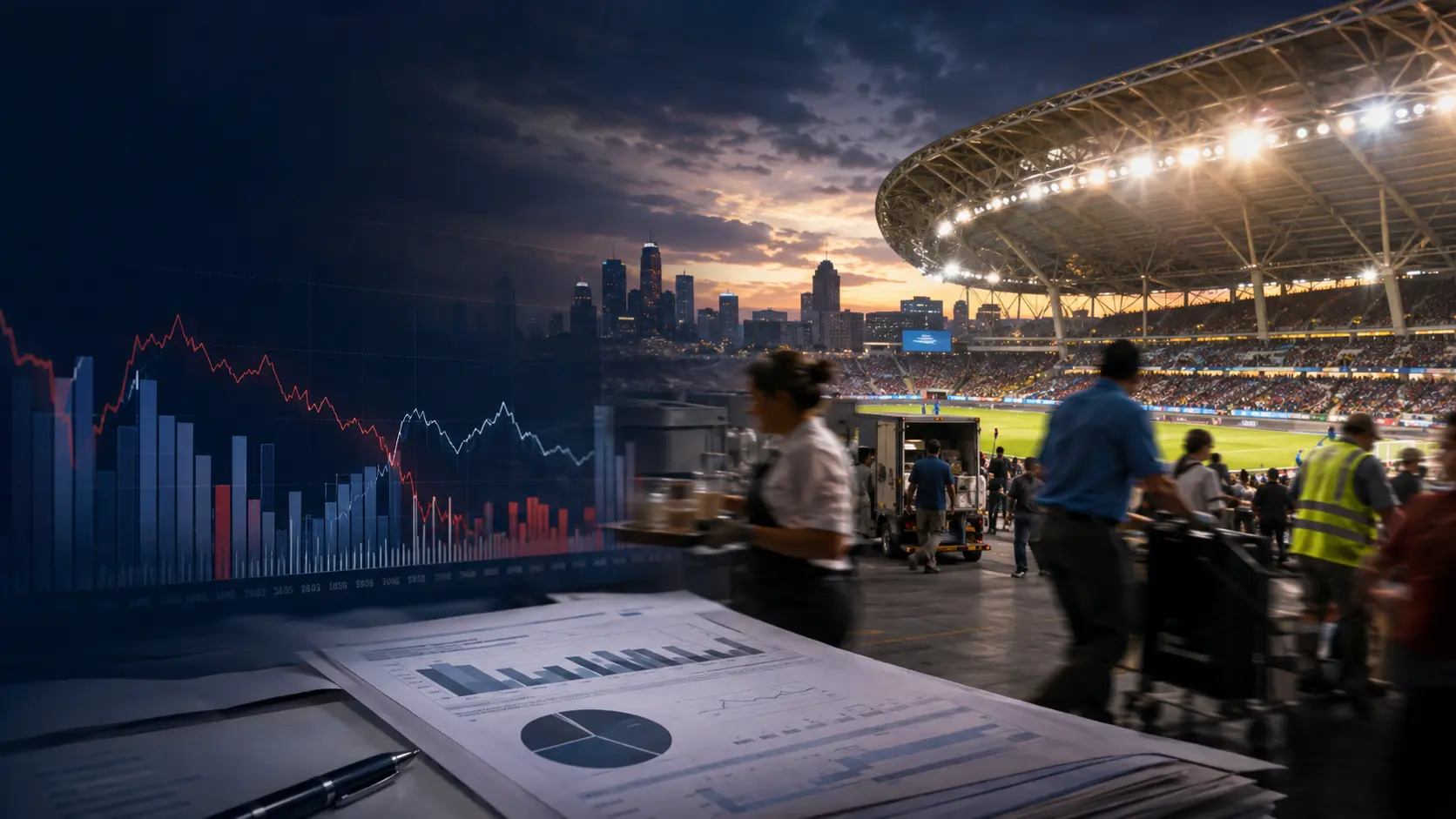 FIFA World Cup stadium activity beside US employment charts illustrating a possible temporary distortion in the July 2026 jobs report
