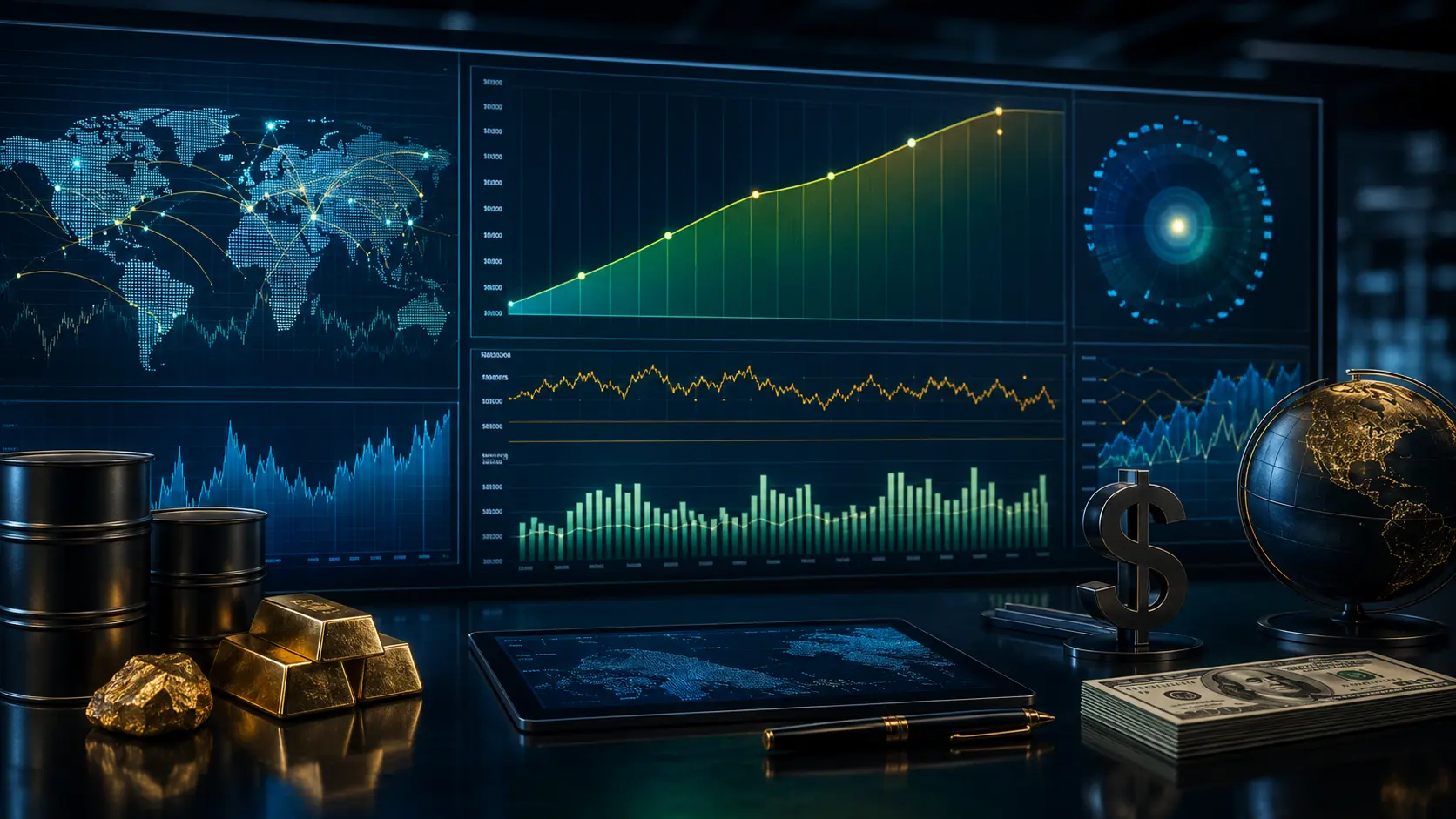 Macro market dashboard connecting inflation, employment, bond yields, the US dollar, oil, gold and global financial markets
