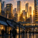 Conceptual city scene contrasting illuminated financial towers with a subdued shopping street.