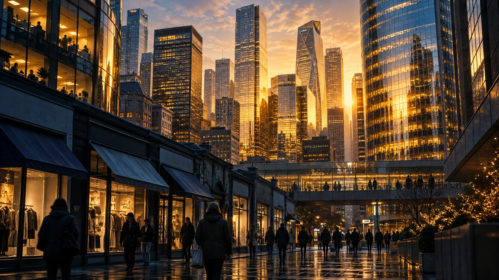 Conceptual city scene contrasting illuminated financial towers with a subdued shopping street.