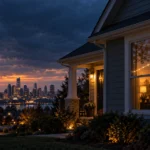 Suburban home at dusk with a rising financial line reflected in its window