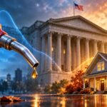 Conceptual illustration of a fuel nozzle, a house and U.S. Treasury architecture representing October inflation crosscurrents.