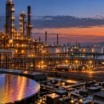 Oil refinery and fuel tankers at dusk, with a semiconductor wafer and circuit board in the foreground.