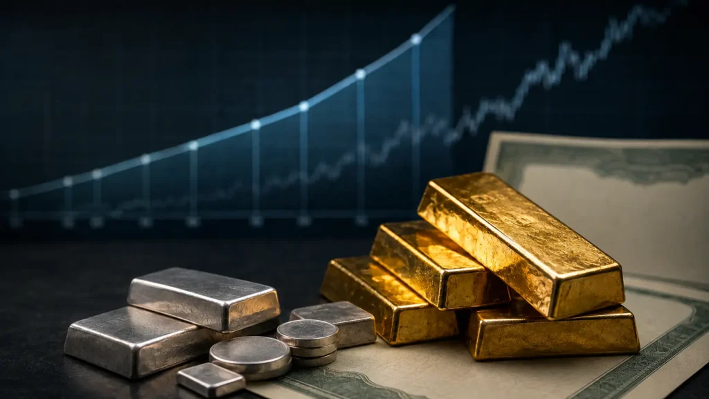 Gold and silver bullion beside an abstract rising bond-yield chart