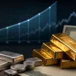 Gold and silver bullion beside an abstract rising bond-yield chart
