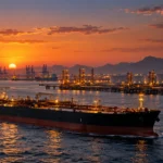 Editorial illustration of an oil tanker passing an illuminated export terminal at sunset