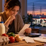 A woman reviews grocery receipts at a kitchen table, with a gas station and electricity infrastructure visible outside.