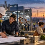 Construction and manufacturing workers study plans beside utility infrastructure and a grocery checkout.
