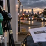 Green and black fuel nozzles beside house keys and mortgage paperwork on a car at dusk