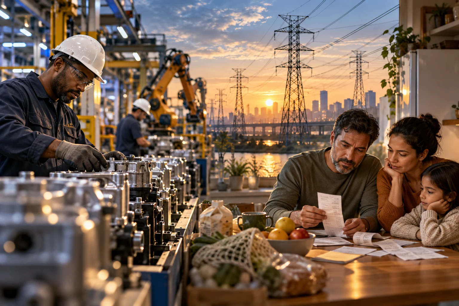 Editorial illustration of a factory worker, electricity infrastructure and a family reviewing household expenses.