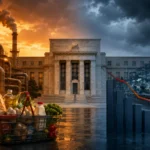 Stagflation illustrated by rising fuel and food costs beside a slowing factory and declining economic chart