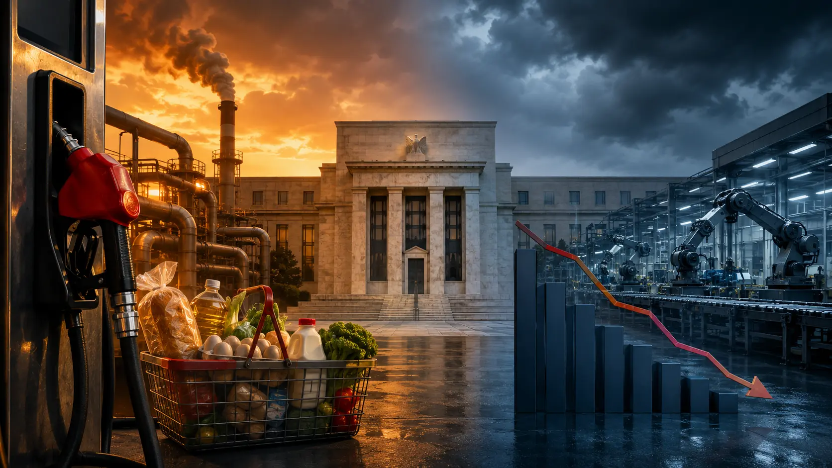 Stagflation illustrated by rising fuel and food costs beside a slowing factory and declining economic chart