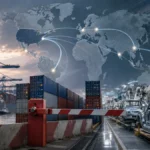US container port and automated factory divided by a tariff barrier beneath changing global trade routes