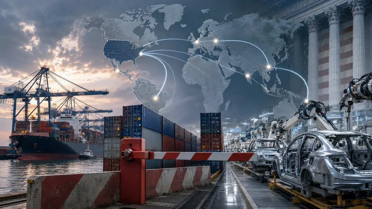US container port and automated factory divided by a tariff barrier beneath changing global trade routes