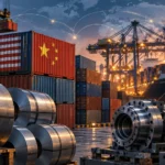 US and Chinese flag motifs on shipping containers beside steel coils and industrial machinery at a cargo port.