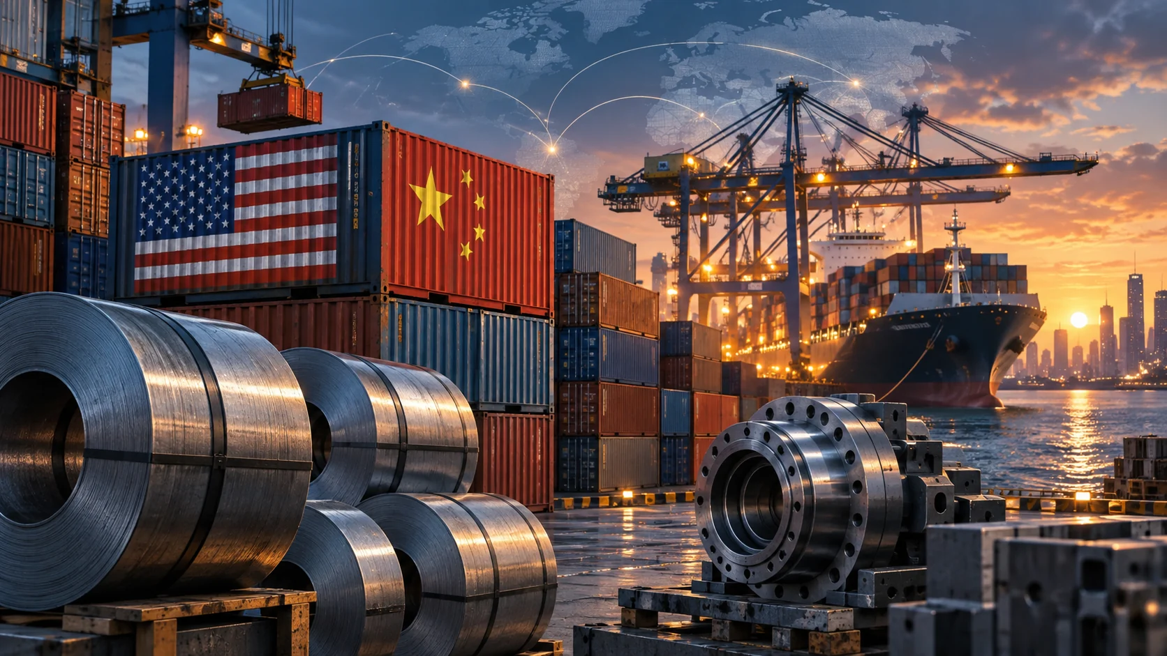 US and Chinese flag motifs on shipping containers beside steel coils and industrial machinery at a cargo port.