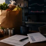 Groceries, household bills and an open wallet illustrating resilient US consumer spending and falling personal savings in June 2026