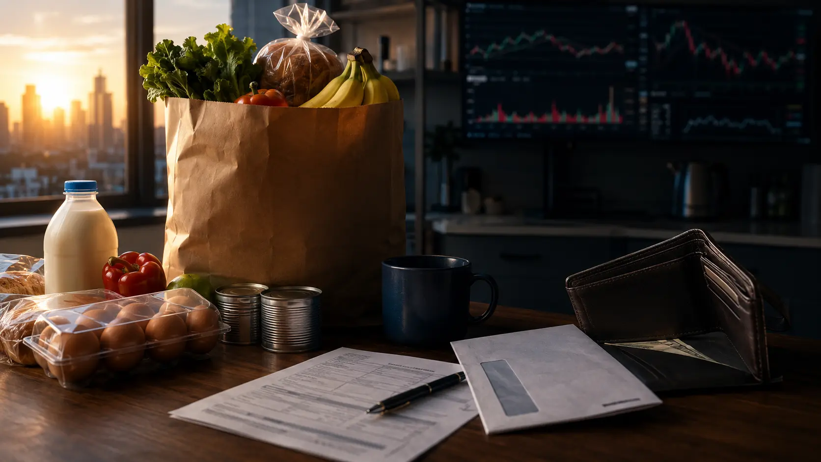 Groceries, household bills and an open wallet illustrating resilient US consumer spending and falling personal savings in June 2026
